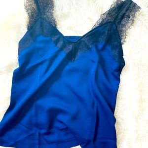 Navy silky cami with black lace